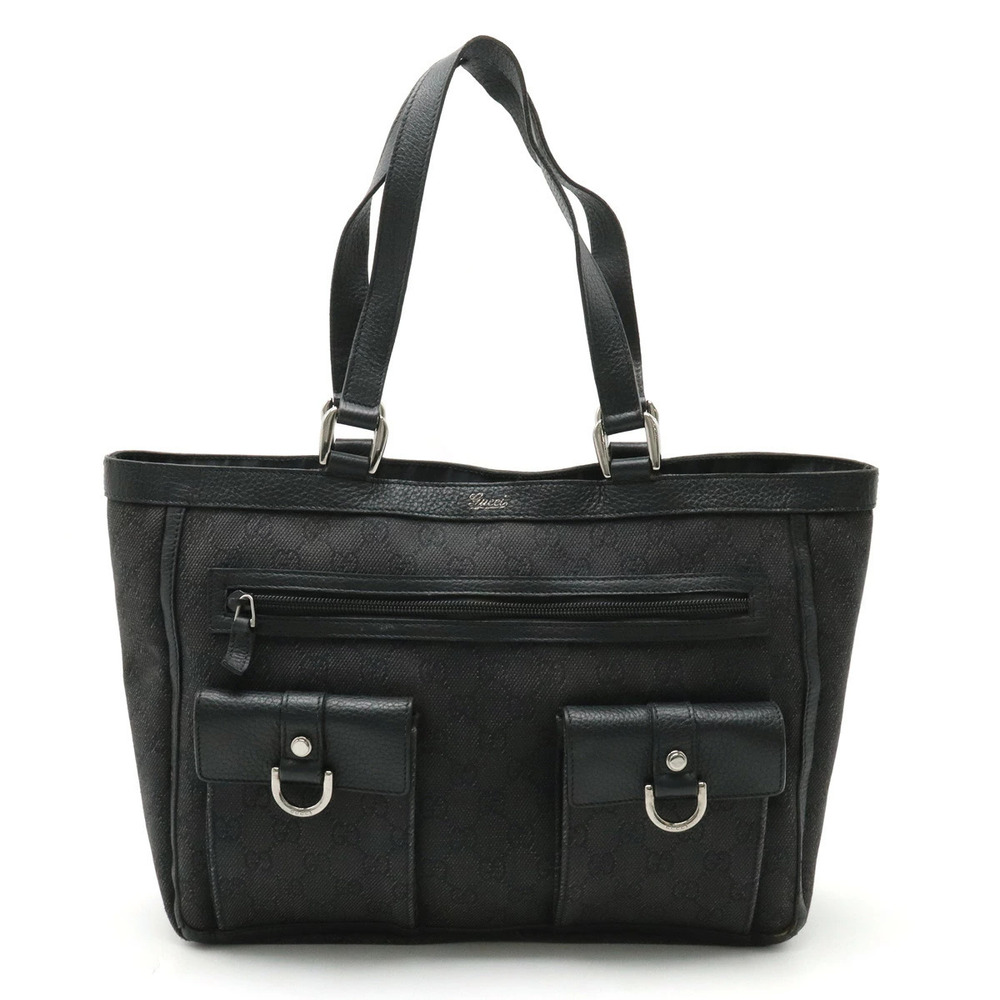 Gucci GG Denim Tote Bag Shoulder Canvas Leather Black